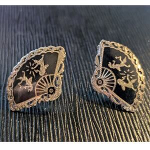 Vintage Siam Niello Sterling Silver Black Enamel Fan Screw Back Earrings